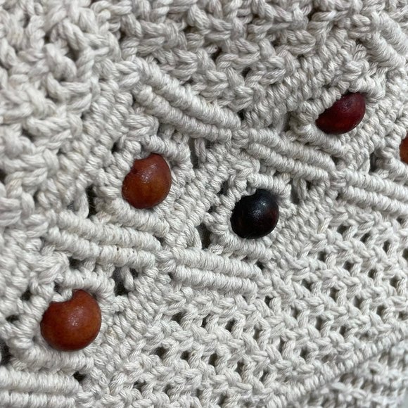 Handmade Y2K white macramé crochet bag purse with wooden beads woven cotton - Picture 5 of 12